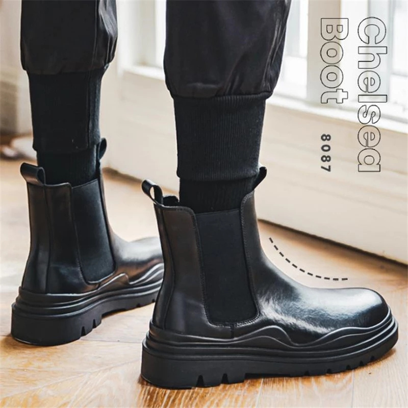 Luxury Design Chunky Split Leather Ankle Boots Male Footwear Round Toe Short Mens Platform Chelsea Martins Boots Shoes