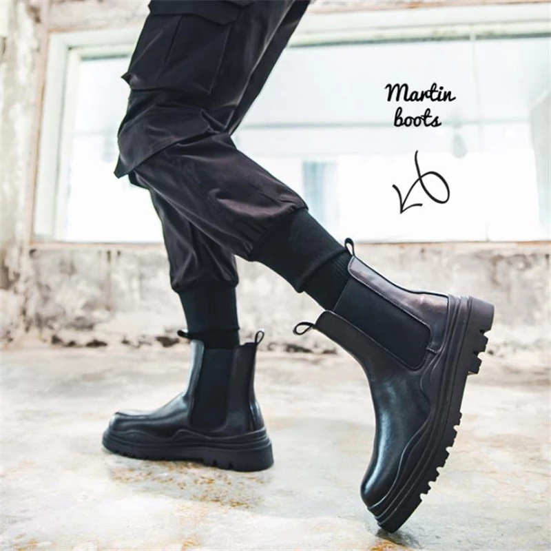 Luxury Design Chunky Split Leather Ankle Boots Male Footwear Round Toe Short Mens Platform Chelsea Martins Boots Shoes