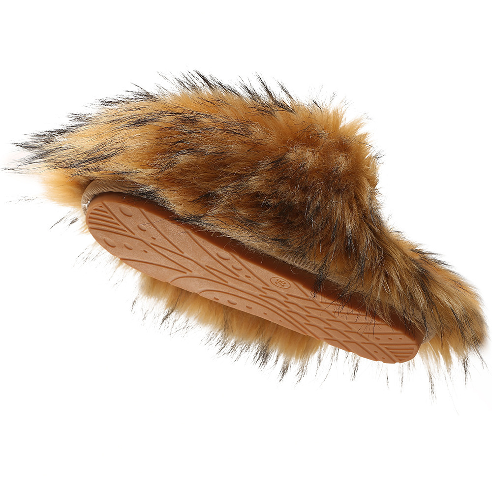 Luxury Faux Fur Slippers Furry Shoes Women Raccoon Fox Fur Slides Flat Plush Fuzzy Flip Flop Winter Warm Fluffy Slipper Woman