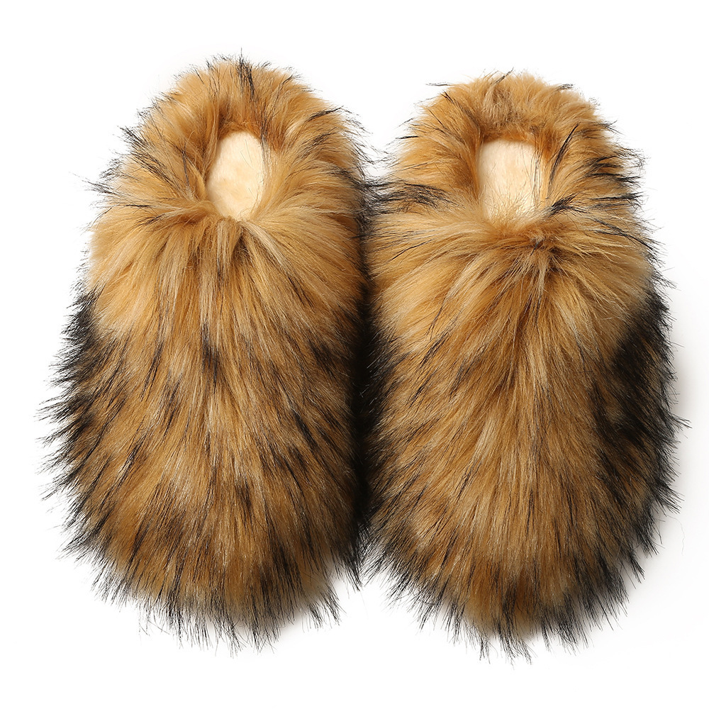 Luxury Faux Fur Slippers Furry Shoes Women Raccoon Fox Fur Slides Flat Plush Fuzzy Flip Flop Winter Warm Fluffy Slipper Woman