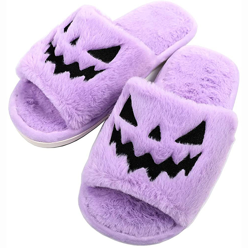 Halloween Pumpkin Lantern Slippers 2024 Autumn Soft Fur Comfort Closed Toe Slides Women Christmas Warm Slippers for Women