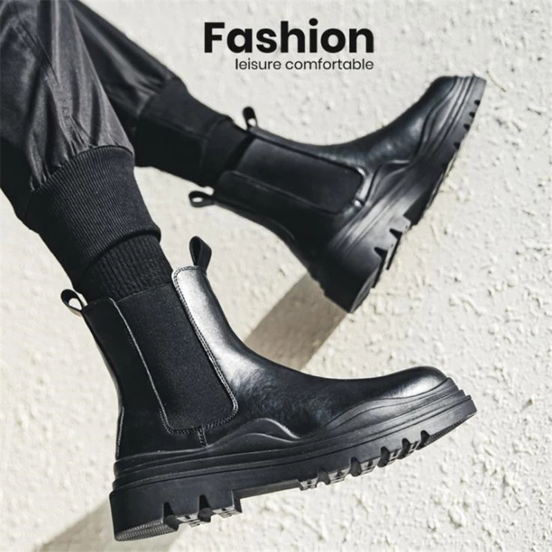 Luxury Design Chunky Split Leather Ankle Boots Male Footwear Round Toe Short Mens Platform Chelsea Martins Boots Shoes