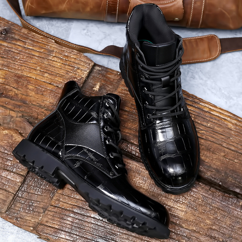 High Quality Luxury Mens Dress Causal Martin Fashion Men's Boots Hand Painted Crocodile Black Leather Boots for Men