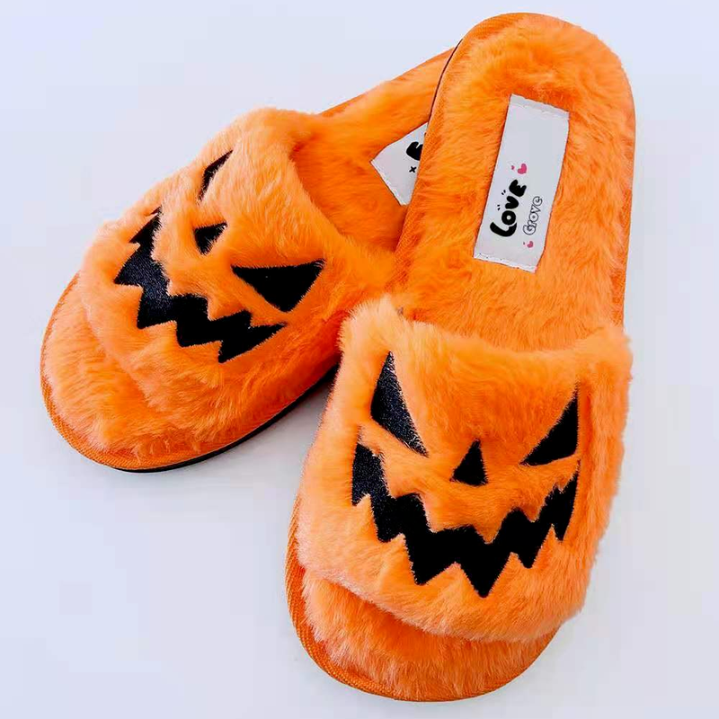 Halloween Pumpkin Lantern Slippers 2024 Autumn Soft Fur Comfort Closed Toe Slides Women Christmas Warm Slippers for Women