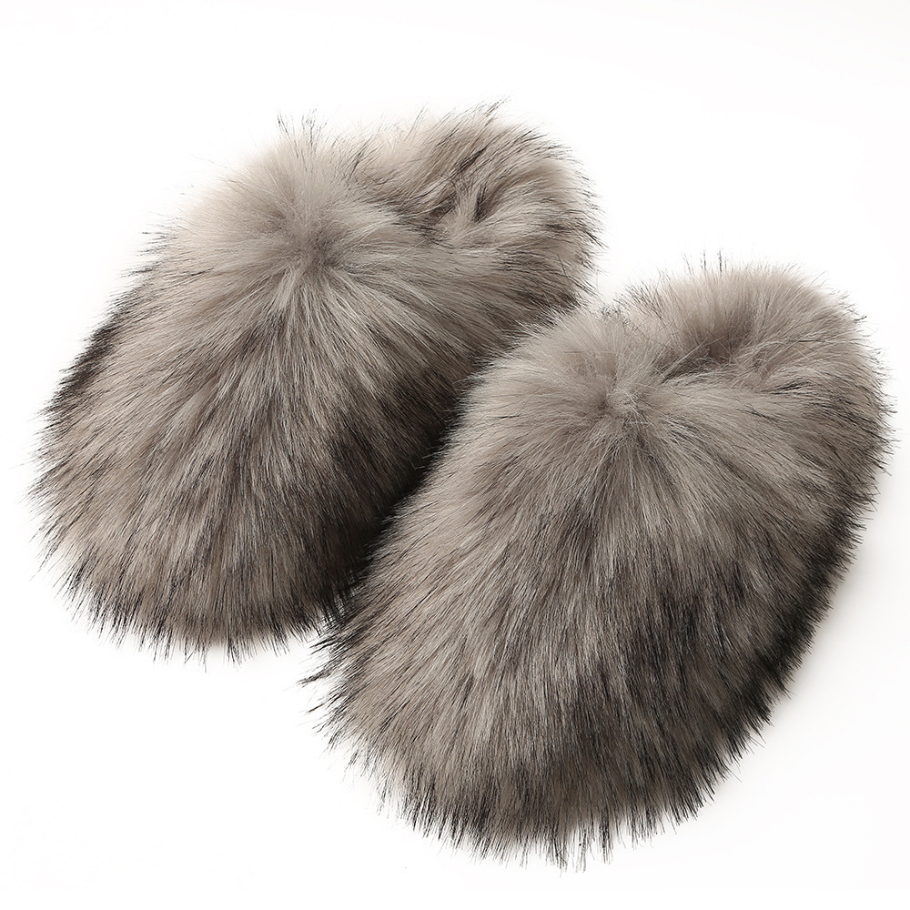 Luxury Faux Fur Slippers Furry Shoes Women Raccoon Fox Fur Slides Flat Plush Fuzzy Flip Flop Winter Warm Fluffy Slipper Woman