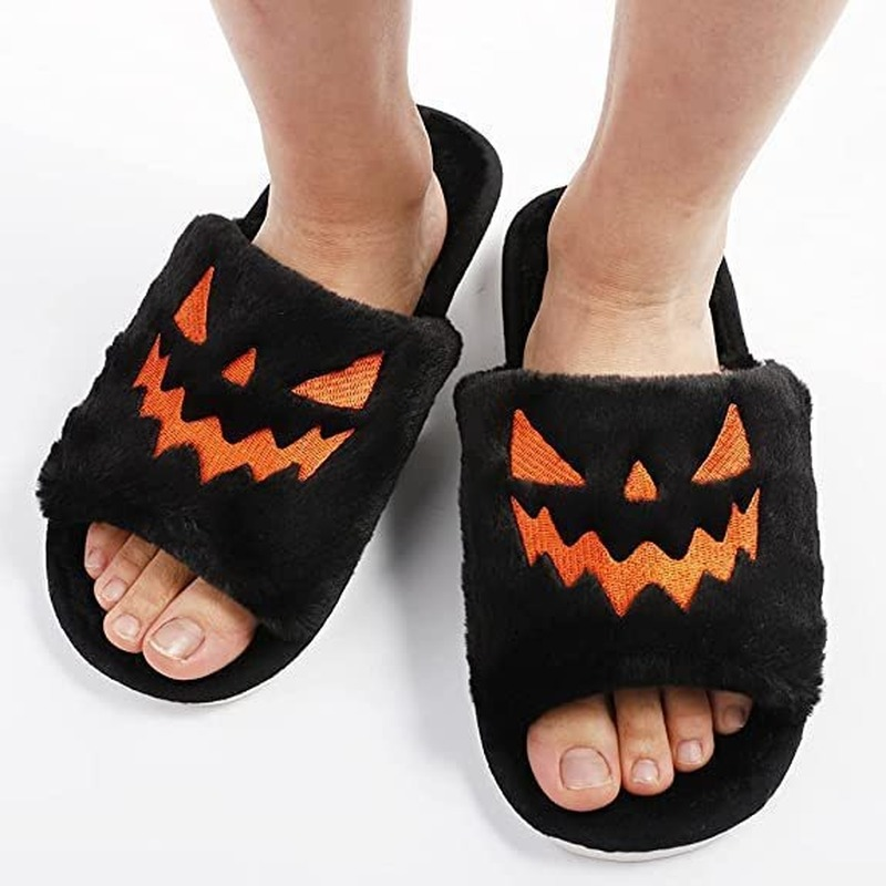 Halloween Pumpkin Lantern Slippers 2024 Autumn Soft Fur Comfort Closed Toe Slides Women Christmas Warm Slippers for Women