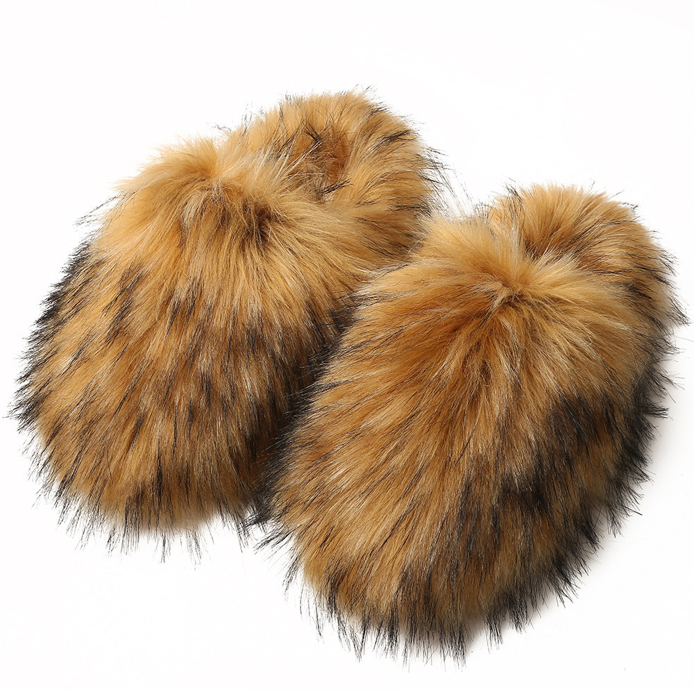 Luxury Faux Fur Slippers Furry Shoes Women Raccoon Fox Fur Slides Flat Plush Fuzzy Flip Flop Winter Warm Fluffy Slipper Woman