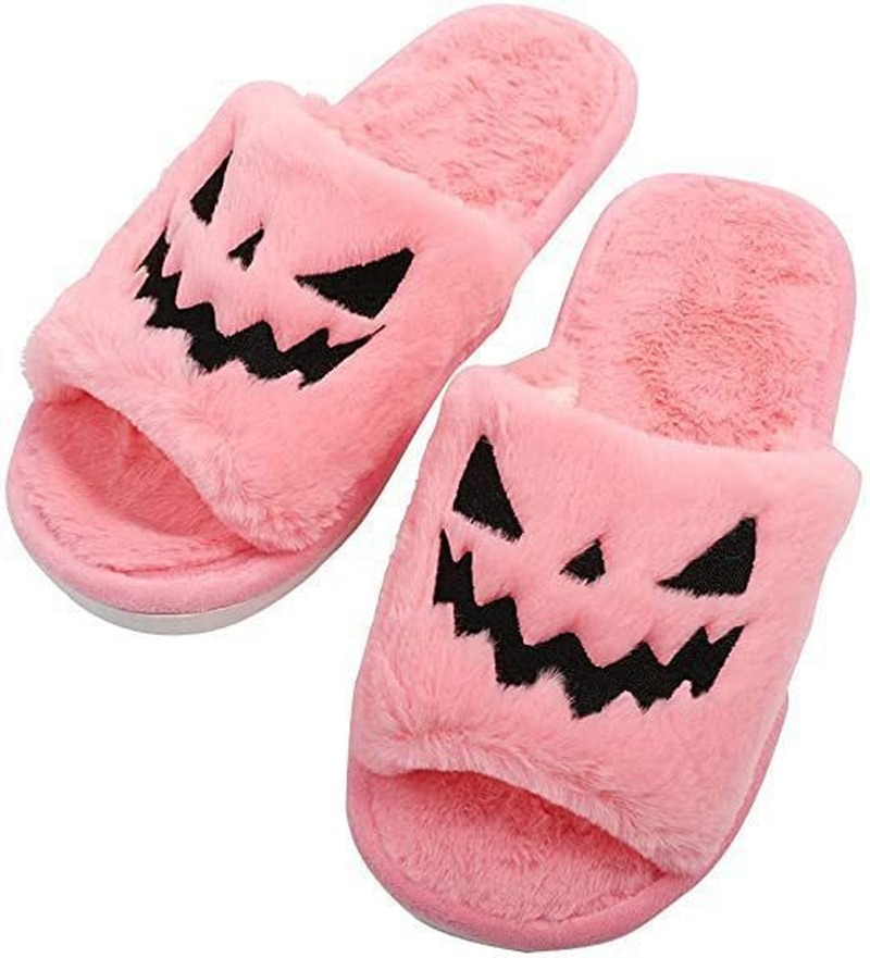 Halloween Pumpkin Lantern Slippers 2024 Autumn Soft Fur Comfort Closed Toe Slides Women Christmas Warm Slippers for Women