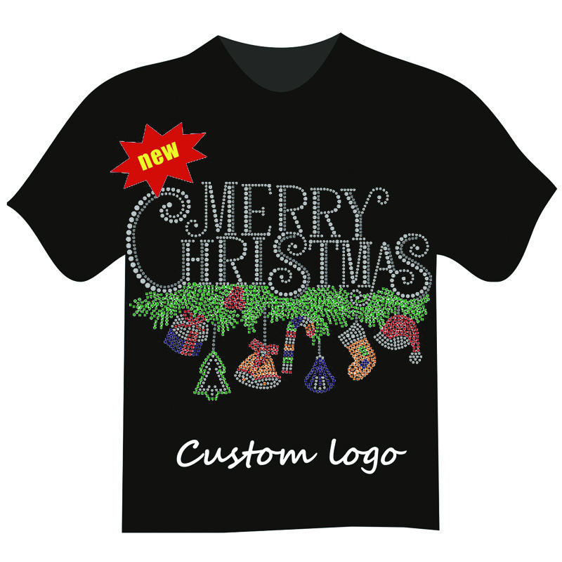 Custom rhinestone transfer t-shirt custom Christmas rhinestone transfer iron T-shirt hotfix rhinestone transfer