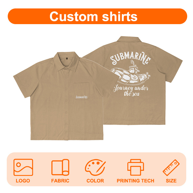 New Summer Custom Logo Shirt Thick Cotton Twill Retro Simple Embroidery Printed Men's Button Short Sleeved Shirt