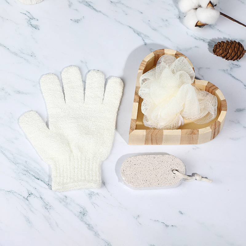 Promotional Customized Wooden Bath Sets Spa Shower Gift Set with Nylon Gloves Bath Flower and Oval Foot Polishing Stone