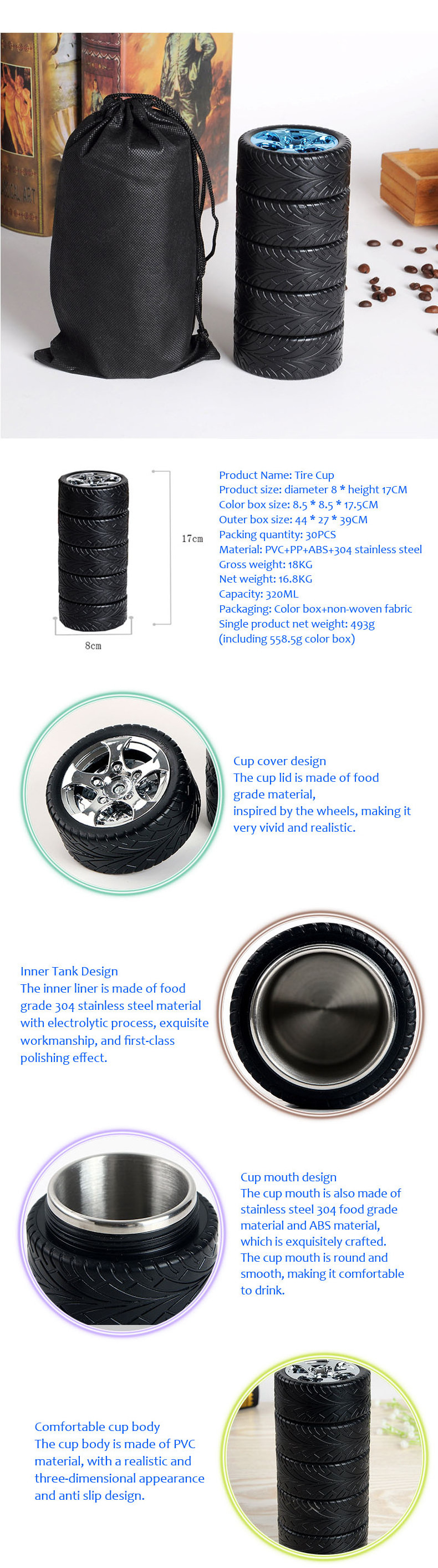 2023 Exclusive Gift Item Novelty Car Wheel Shaped Stainless Steel Coffee Mug Tyre Cup/Tire Design Coffee Tea Mug