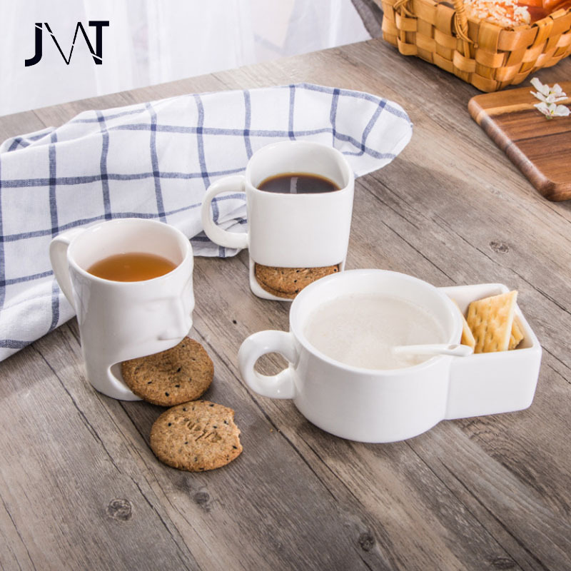 Best Porcelainous Milk Face Cup Tea Mugs with Biscuit Pocket White Cookies Cup Holder Cookies White Ceramic Coffee Mug