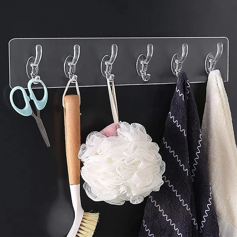 Adhesive Sticker Wall Hooks 1/3/5/6 Rows Home Decor Wall Hanging Hanger Transparent Sticky Hook Waterproof Nail-Free