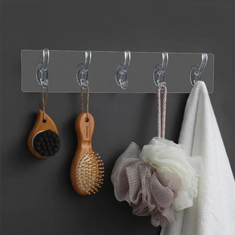 3/5/6 Row Transparent Hook Punch-Free Wall Strong Sticking Hook Holder for Hat Clothes Hanger Towel Holder Bathroom Storage Rack