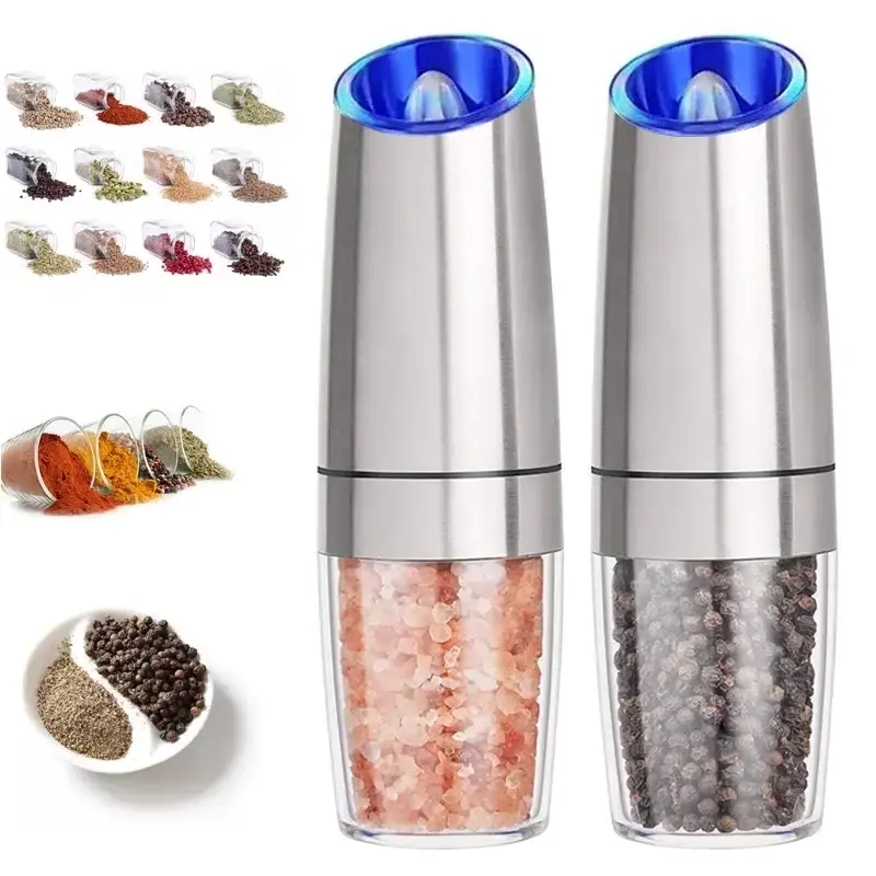 Stainless Steel Electric Pepper Grinder Portable One-handed operation Spice Grain Mill with Led Light Home Kitchen Grinding Tool