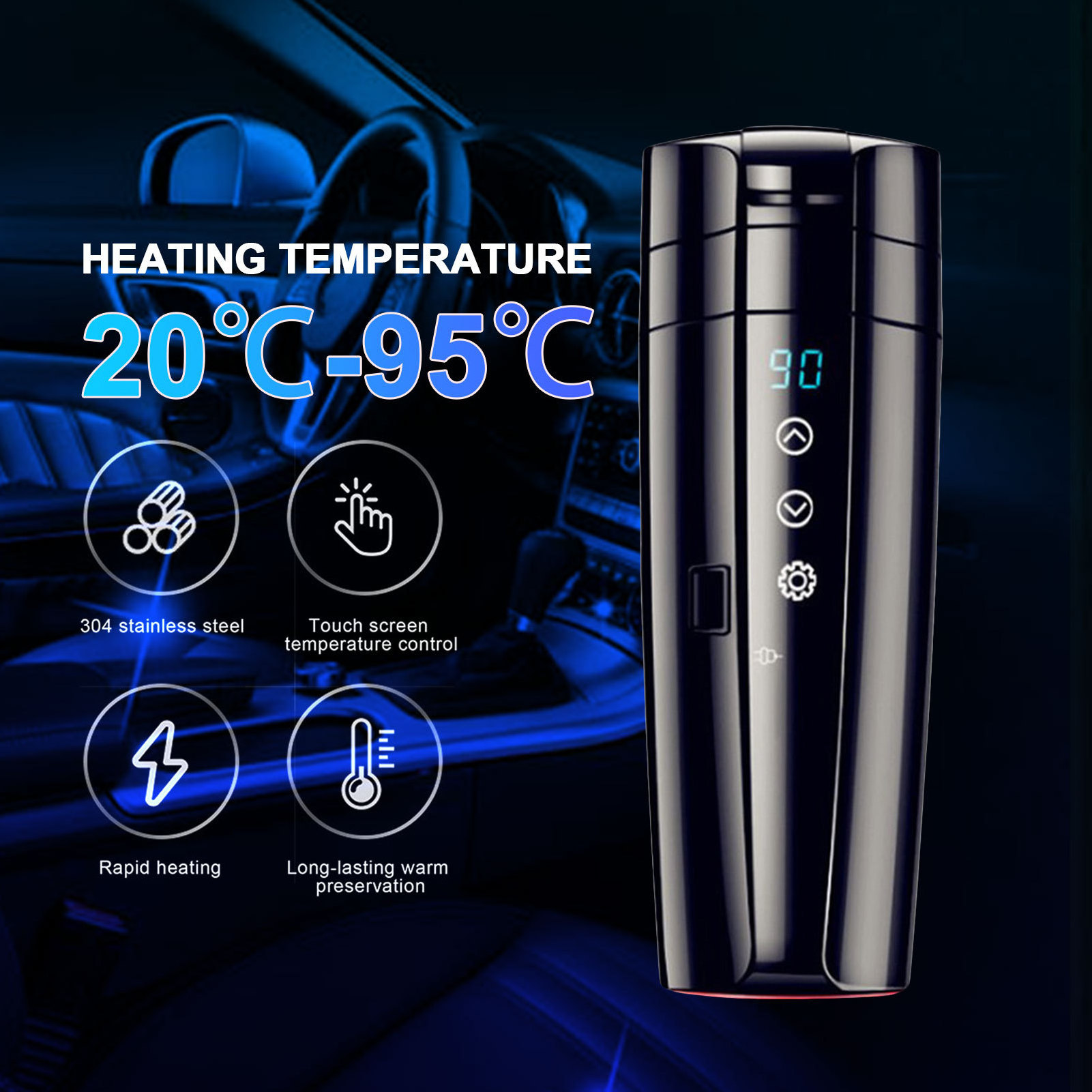 12V/ 24V Real-time Temperature Vehicle Heating Cup Waterproof Stainless Steel Car Kettle Water Heater Auto Mug Travel Kettle