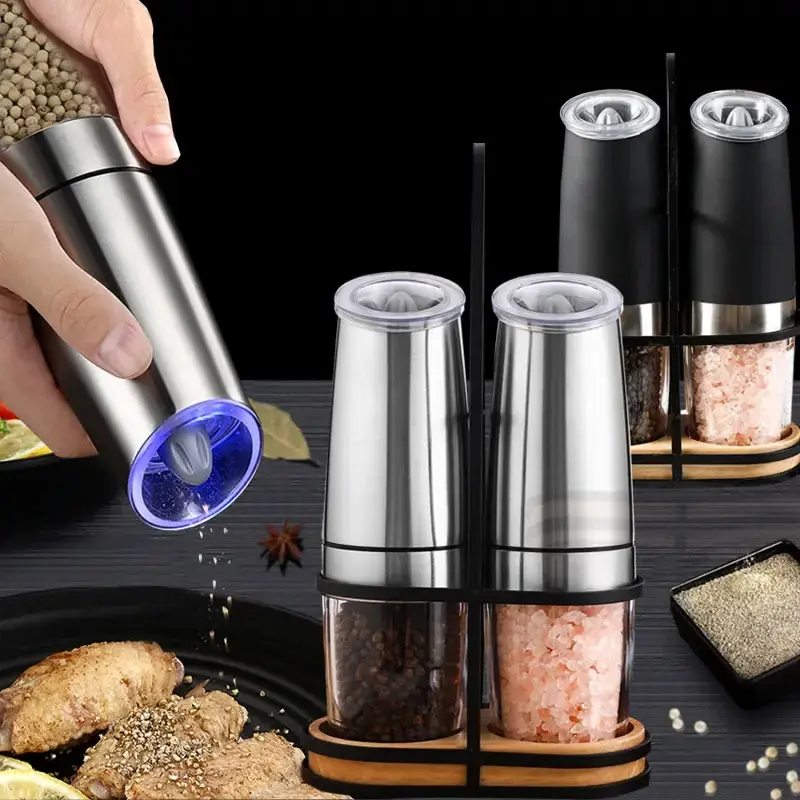 Stainless Steel Electric Pepper Grinder Portable One-handed operation Spice Grain Mill with Led Light Home Kitchen Grinding Tool