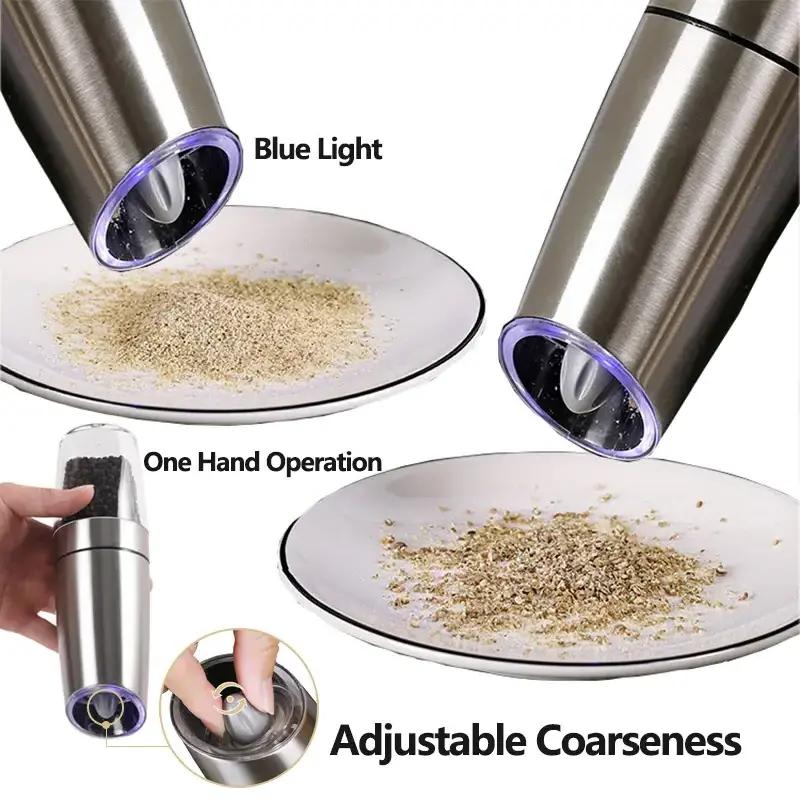 Stainless Steel Electric Pepper Grinder Portable One-handed operation Spice Grain Mill with Led Light Home Kitchen Grinding Tool