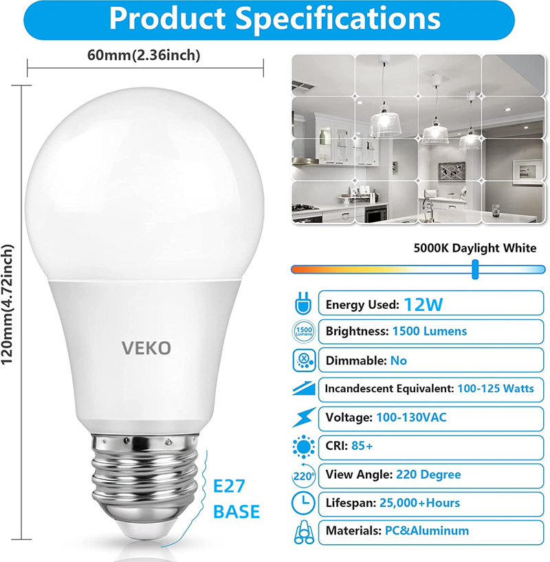 A60 100 Watt Equivalent Daylight 5000K 1500 Lumens  E27 Base  Non-Dimmable 12W Bright White LED Bulbs