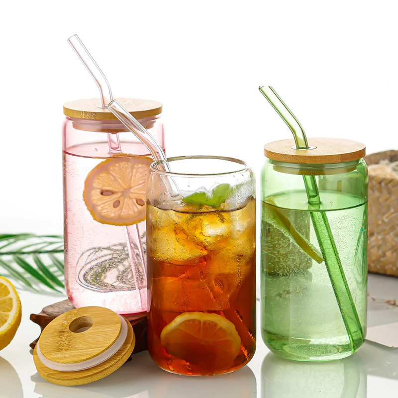 Fashion environmental high-temperature resistant 350ml 550ml thickened glass can cups with bamboo lids and straws