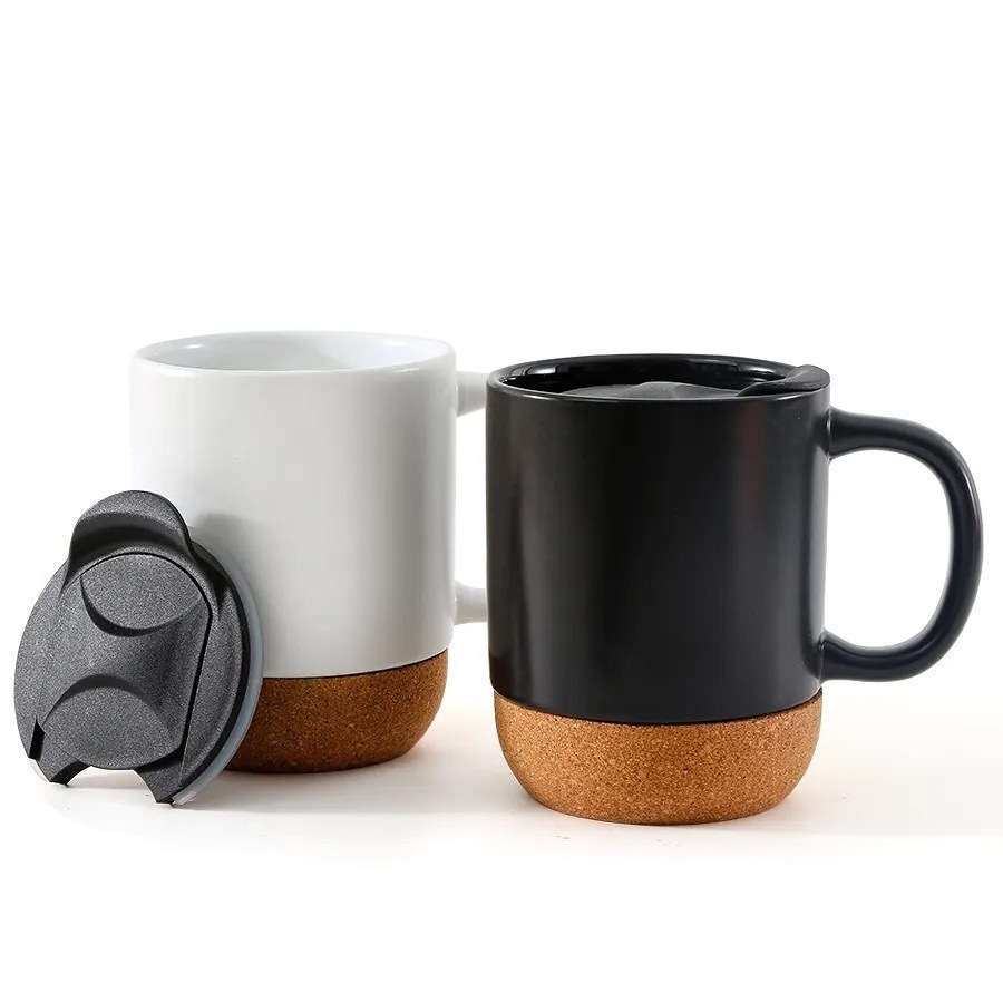 Factory direct nordic 120Z/15OZ  matte black cork base coffee mug ceramic cup with wooden insulated cork bottom and splash lid