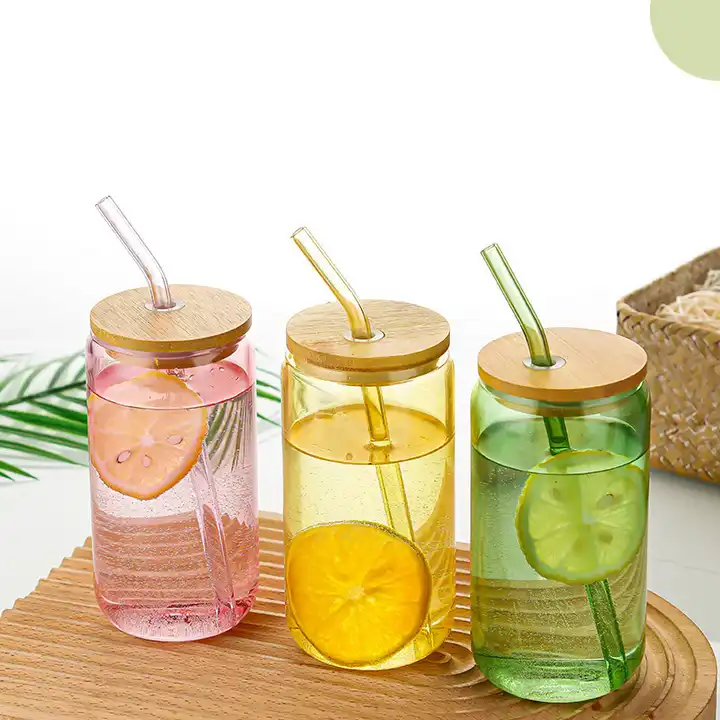 Fashion environmental high-temperature resistant 350ml 550ml thickened glass can cups with bamboo lids and straws