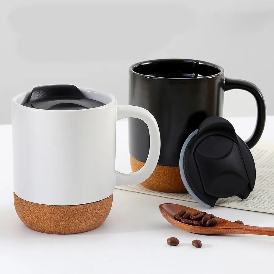 Factory direct nordic 120Z/15OZ  matte black cork base coffee mug ceramic cup with wooden insulated cork bottom and splash lid