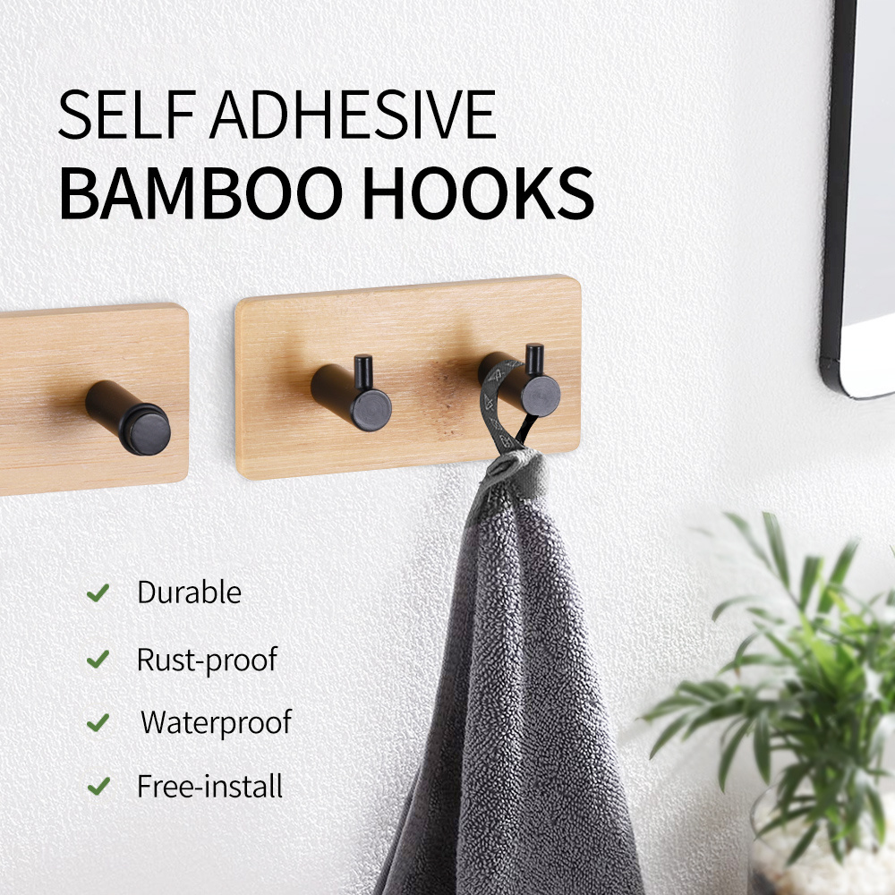 Self Adhesive Hooks 3M 2 Packs Adhesive Wall Hooks Towel Coat Hanger Bamboo Stainless Steel Hanger Shelf for Bathroom Kitchen