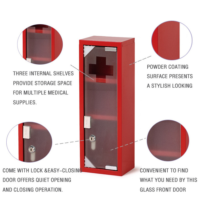 Wall Mount Red Metal Home Office Medical Medicine Storage Cabinet With Glass Door V023038