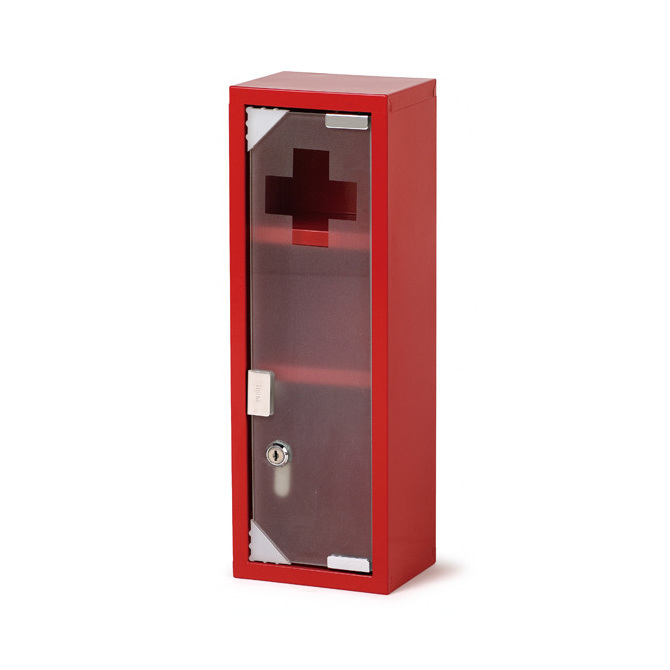 Wall Mount Red Metal Home Office Medical Medicine Storage Cabinet With Glass Door V023038