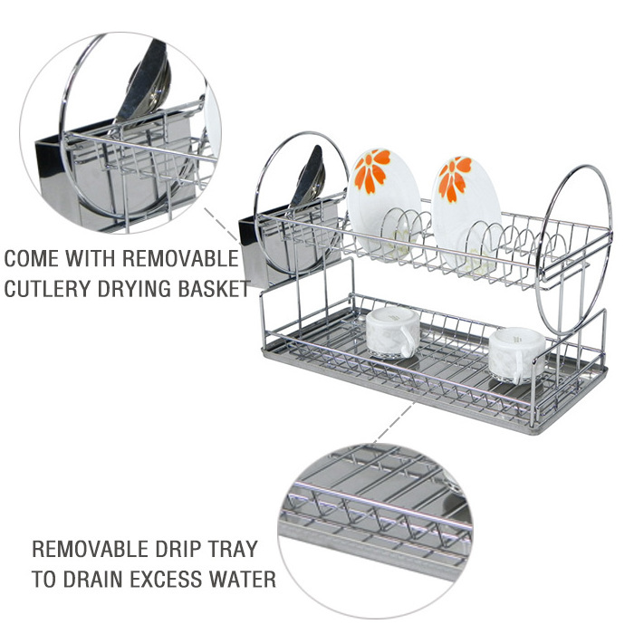 Modern 2 tier Design And Chrome Finished Kitchen Wire Basket Organizer Dish Racks