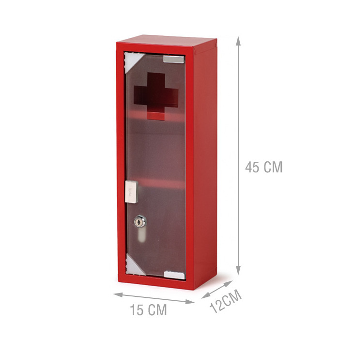 Wall Mount Red Metal Home Office Medical Medicine Storage Cabinet With Glass Door V023038