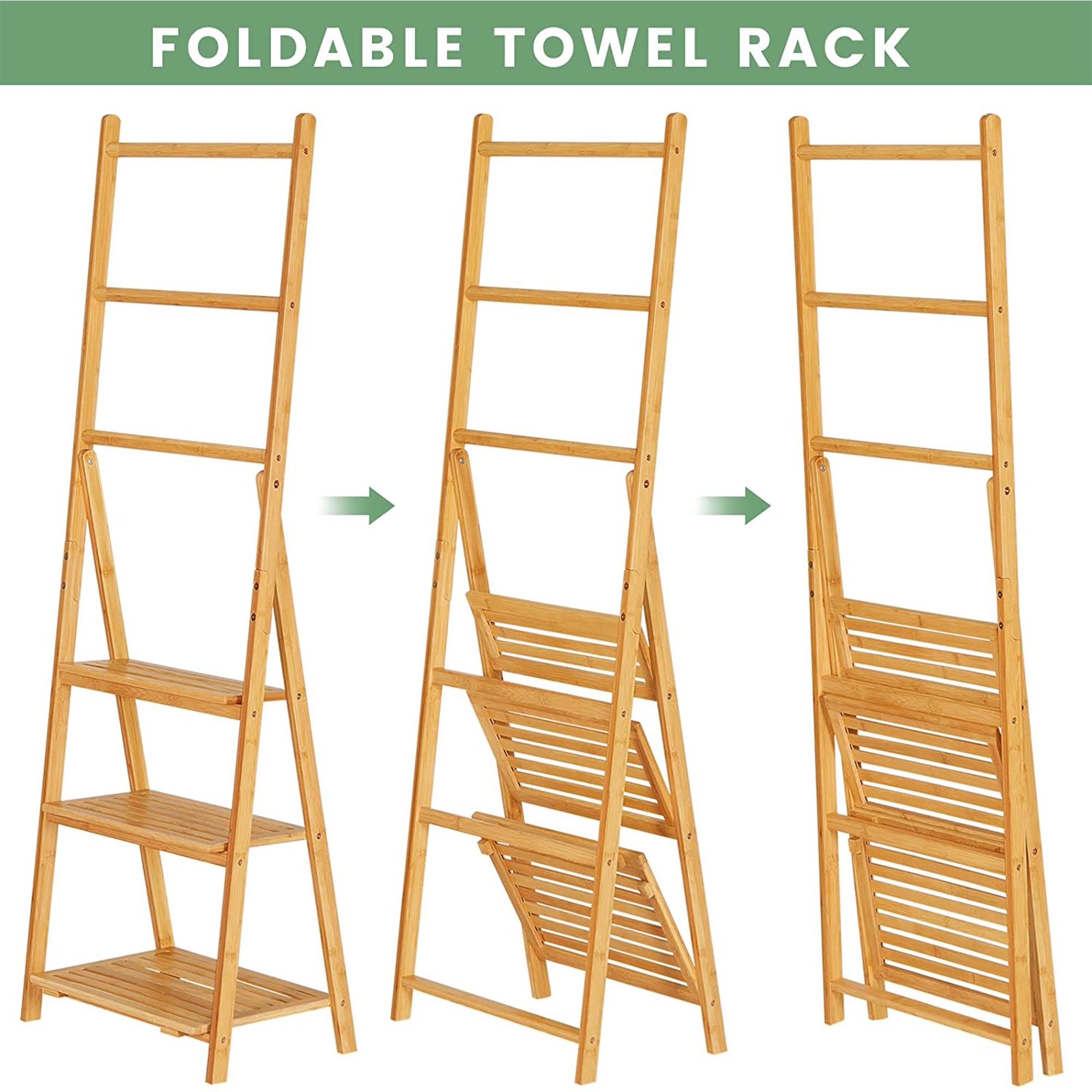 Low MOQ Bamboo Foldable Adjustable 3-Tier Modern Telescopic Ladder Shelf Flower Plant Stand Rack Towel Rack for Bathroom