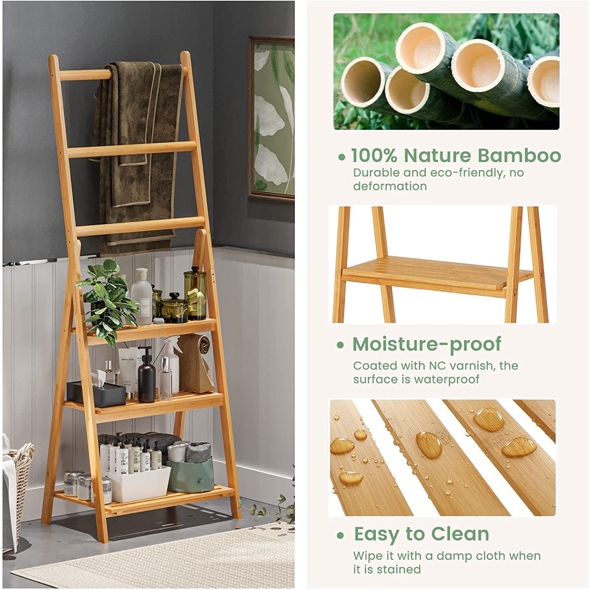 Low MOQ Bamboo Foldable Adjustable 3-Tier Modern Telescopic Ladder Shelf Flower Plant Stand Rack Towel Rack for Bathroom