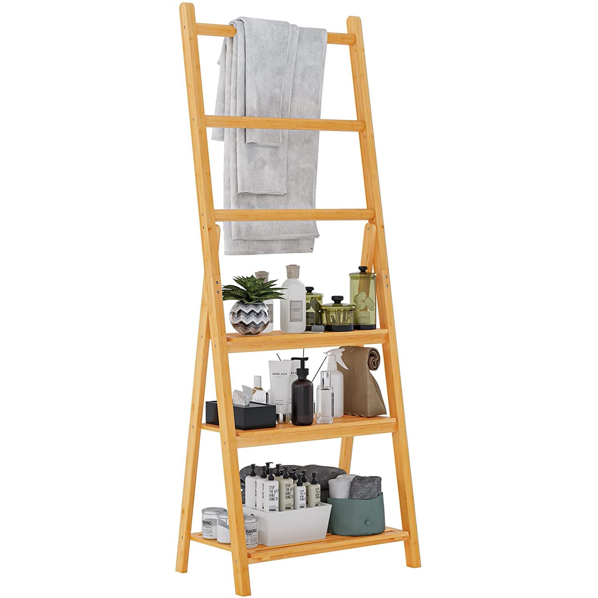 Low MOQ Bamboo Foldable Adjustable 3-Tier Modern Telescopic Ladder Shelf Flower Plant Stand Rack Towel Rack for Bathroom