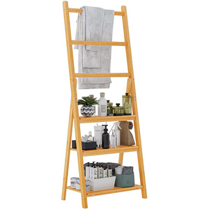 Low MOQ Bamboo Foldable Adjustable 3-Tier Modern Telescopic Ladder Shelf Flower Plant Stand Rack Towel Rack for Bathroom