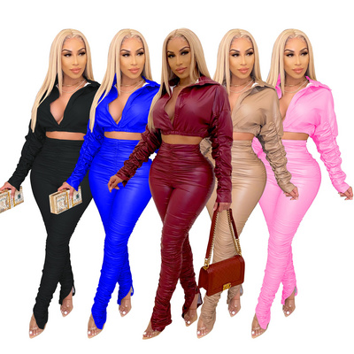 2023 2 Piece Set for women Ruffles Sexy Club Women Clothing PU Leather Outfit Pant Crop Top Two Piece Set For Women Female Mujer