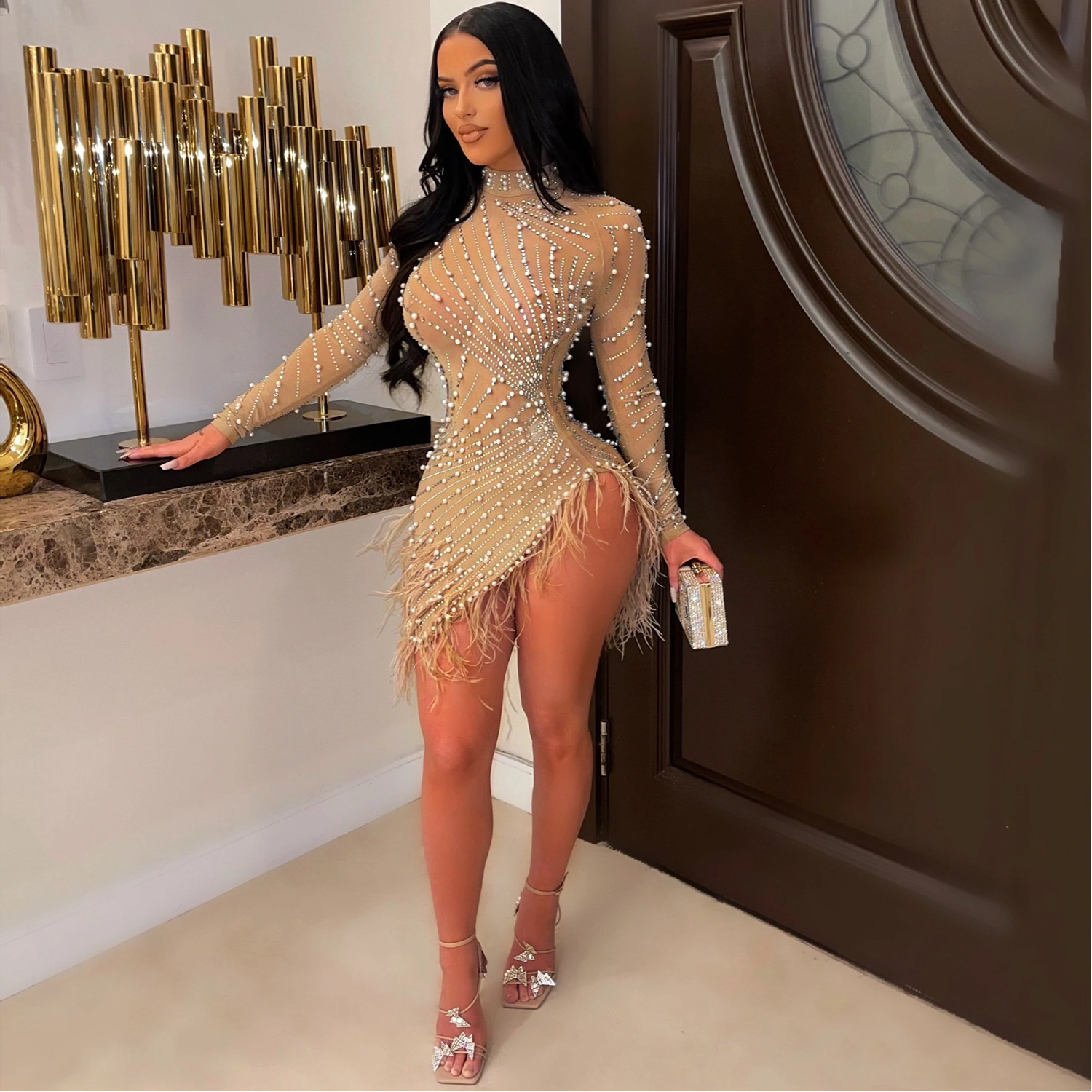 2023 Sexy Diamond Rhinestone Party Dresses Women Elegance Nightclub Feather Long Sleeve Mesh Sheer Bodycon Mini Party Dresses