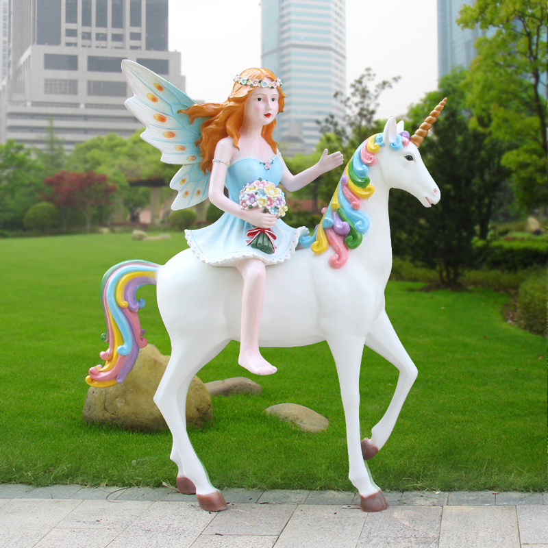 Hot selling fiberglass cartoon animals outdoor garden unicorn horse sculpture for resin art home decoration statue