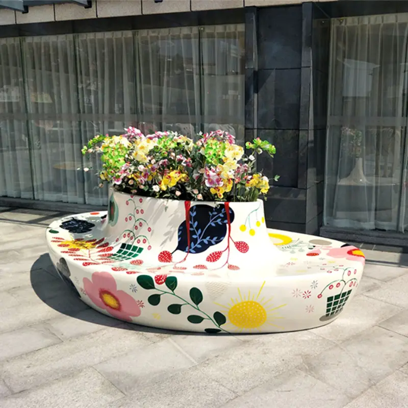 Factory hot selling fiberglass seat sculpture with flower pot for shopping mall park