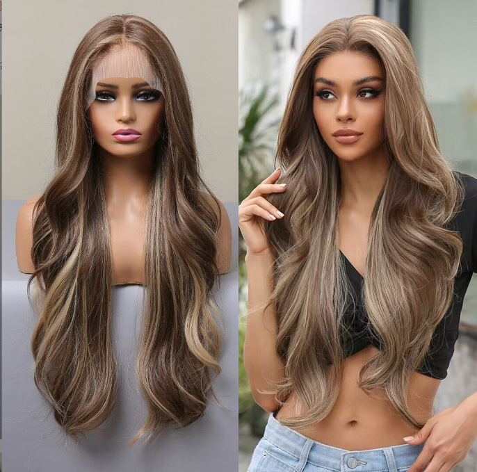 New 28-Inch Lace Long Curly Hair Medium Mixed Color Brown Japanese Silk Chemical Fiber Wig for Women