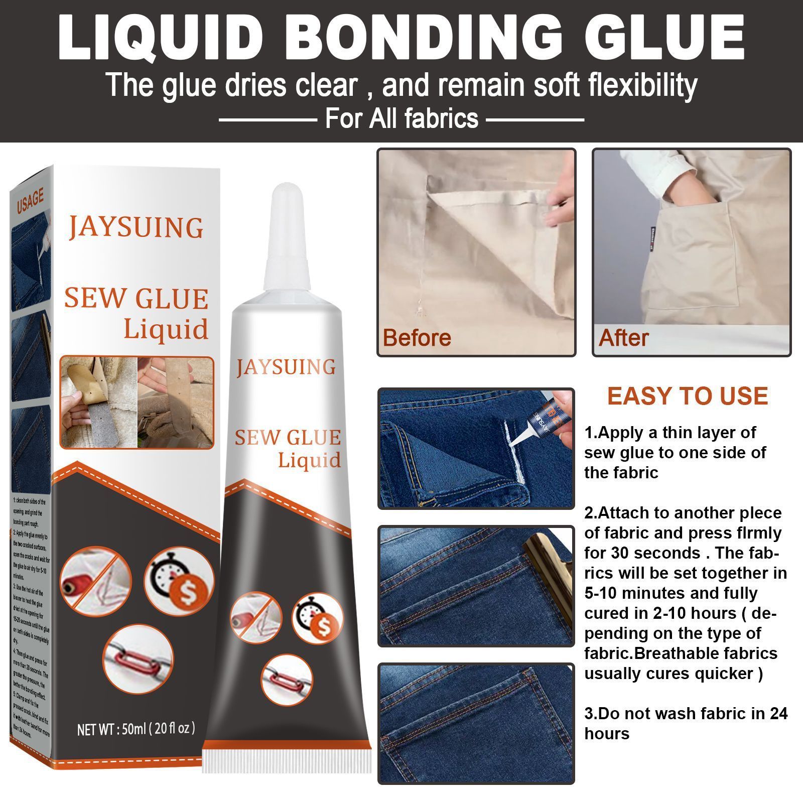 Jaysuing Fabric repair glue Fabric sewing insole clothes jeans hole repair fabric adhesive