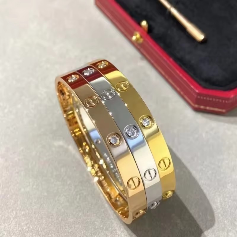 wholesale custom fashion jewelry 18k gold plated stainless steel full diamond zircon screw love cuff bracelet bangle women men