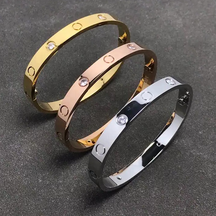 18K Gold Plated Stainless Steel 4 Diamond Bangles Bracelet For Men Women Jewelry Gift