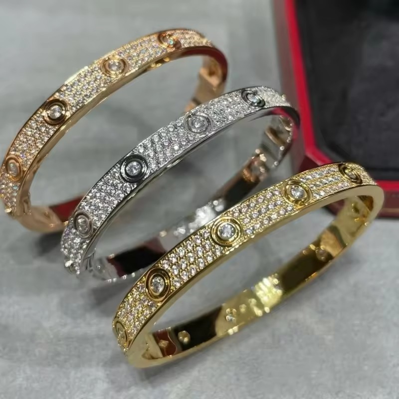 wholesale custom fashion jewelry 18k gold plated stainless steel full diamond zircon screw love cuff bracelet bangle women men