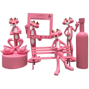 FRP Pink Panther Statue Customized Outdoor Shopping Mall Pink Panther Animal Sculpture