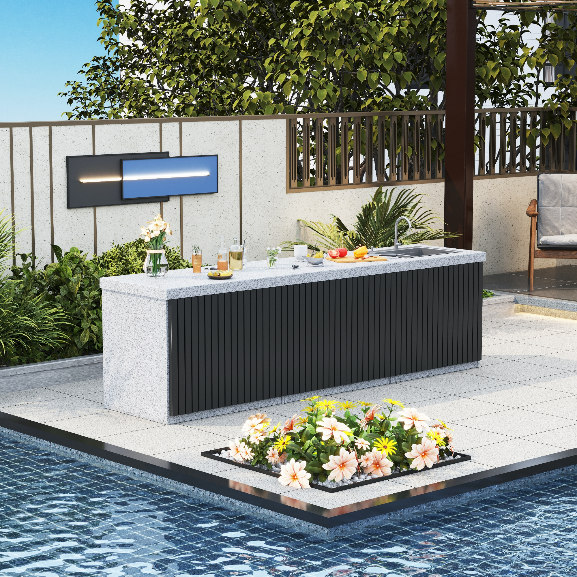 Modern stone slab for kitchen countertop and island top marble washbasin worktop with basin sink cabinet for outdoor