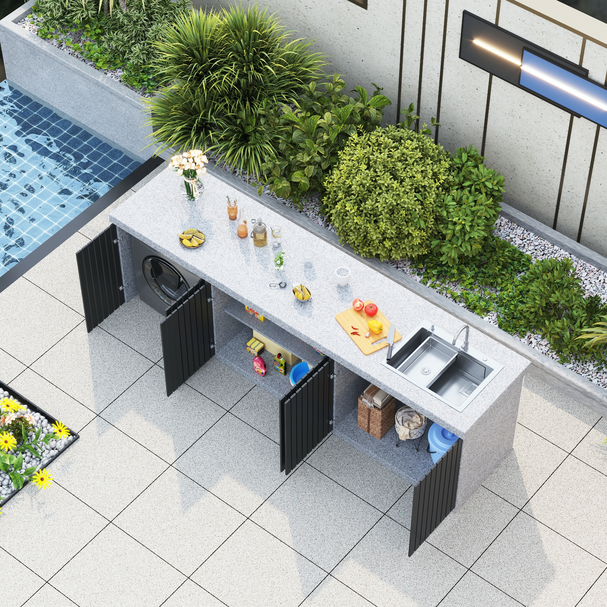 Modern stone slab for kitchen countertop and island top marble washbasin worktop with basin sink cabinet for outdoor