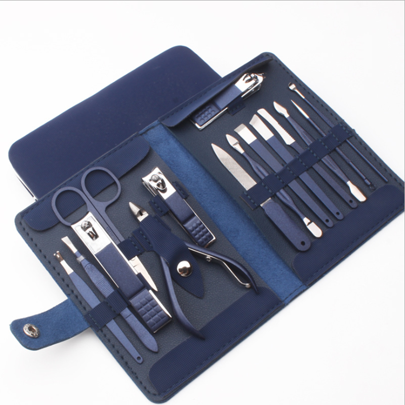 Private label logo blue gift box stainless steel 18 pieces Nail Care Manicure set Tools